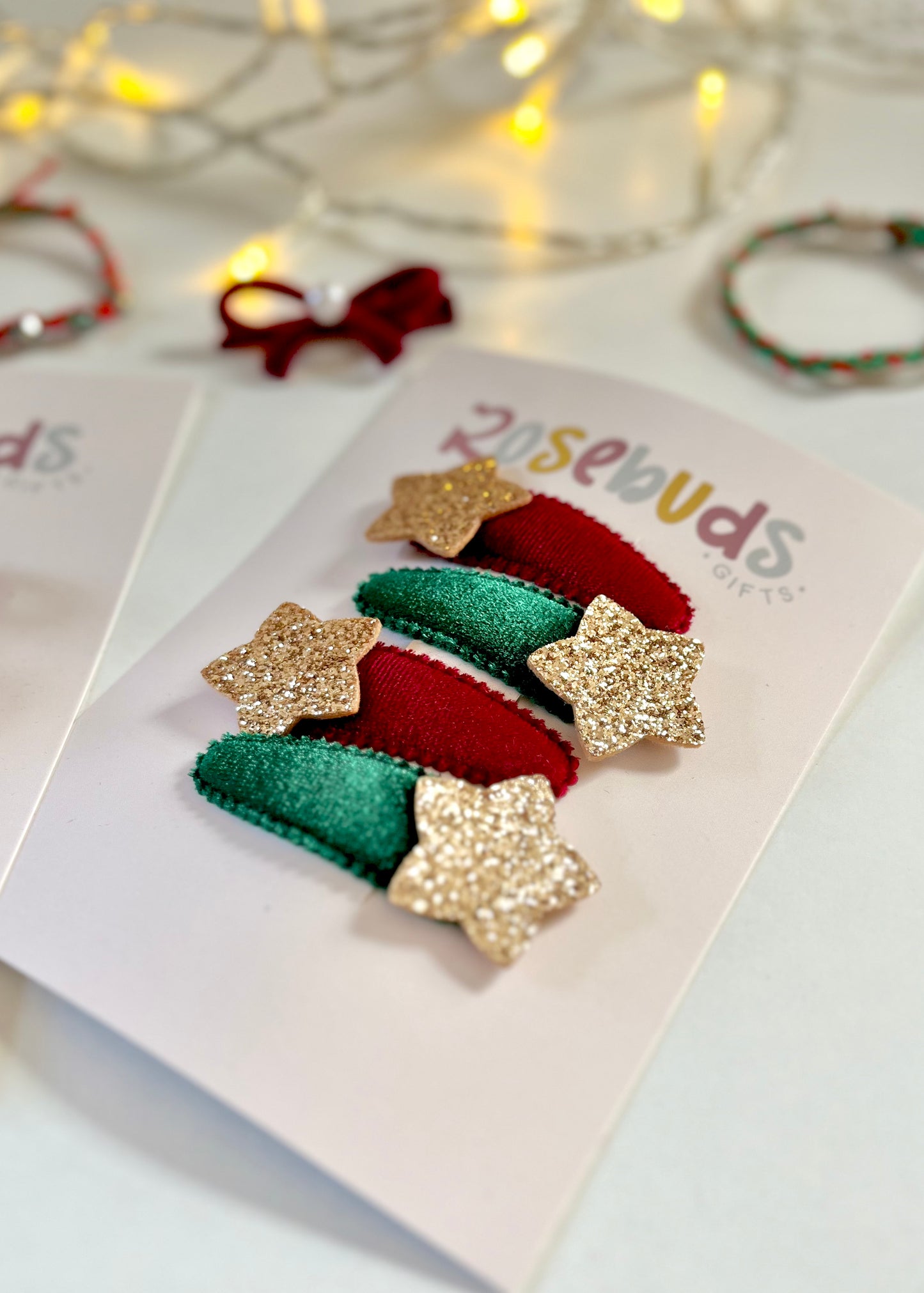 Velvet star clips (green and red)